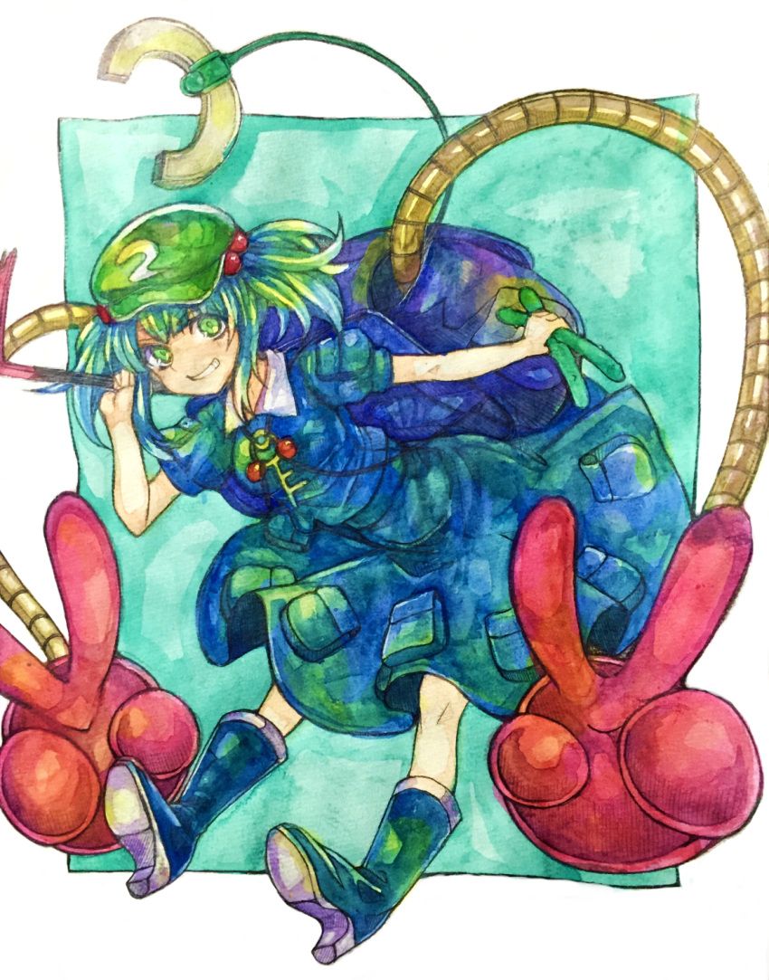 13_(spice!!) 1girl :d backpack bag boots crowbar cucumber double_v extra_arms graphite_(medium) green_eyes green_hair grin hair_ornament hair_ribbon hat highres kawashiro_nitori key long_sleeves looking_at_viewer mechanical_arm open_mouth pocket ribbon rubber_boots shirt short_twintails skirt skirt_set smile solo touhou traditional_media twintails two_side_up v