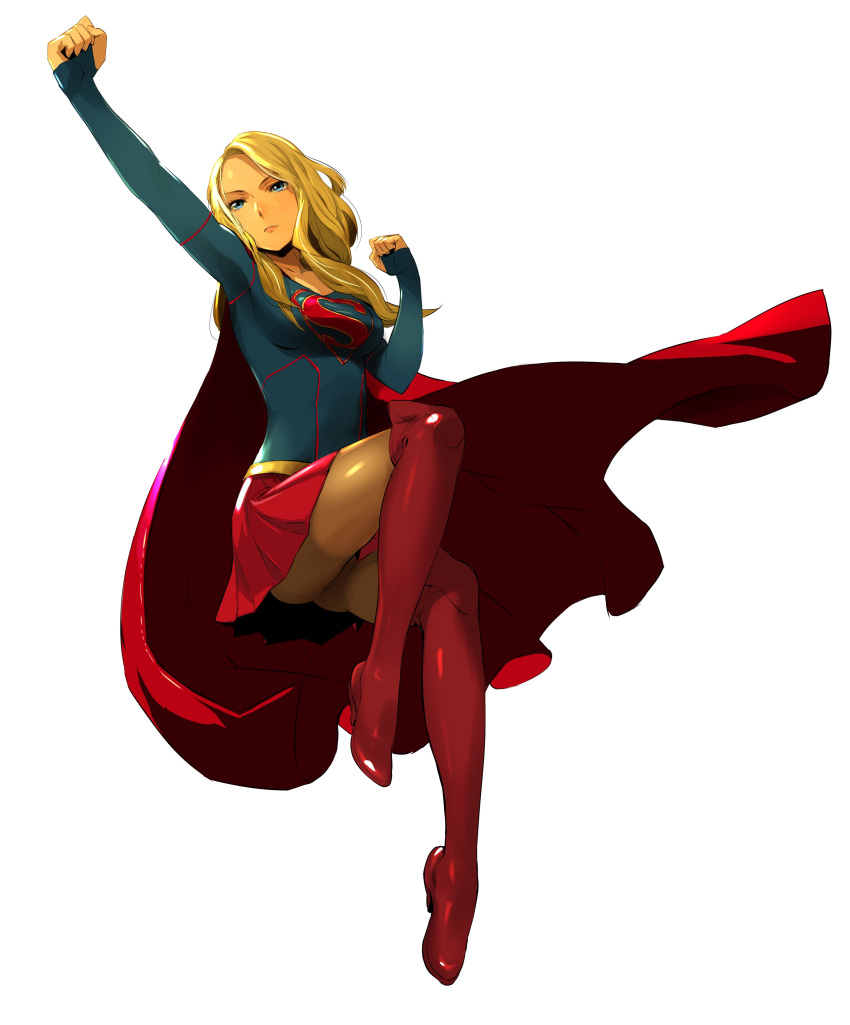 1girl absurdres arm_up bangs blonde_hair blue_eyes boots breasts cape dc_comics enami_katsumi floating highres long_hair long_sleeves miniskirt pleated_skirt red_boots skirt solo supergirl superhero swept_bangs thigh-highs thigh_boots white_background
