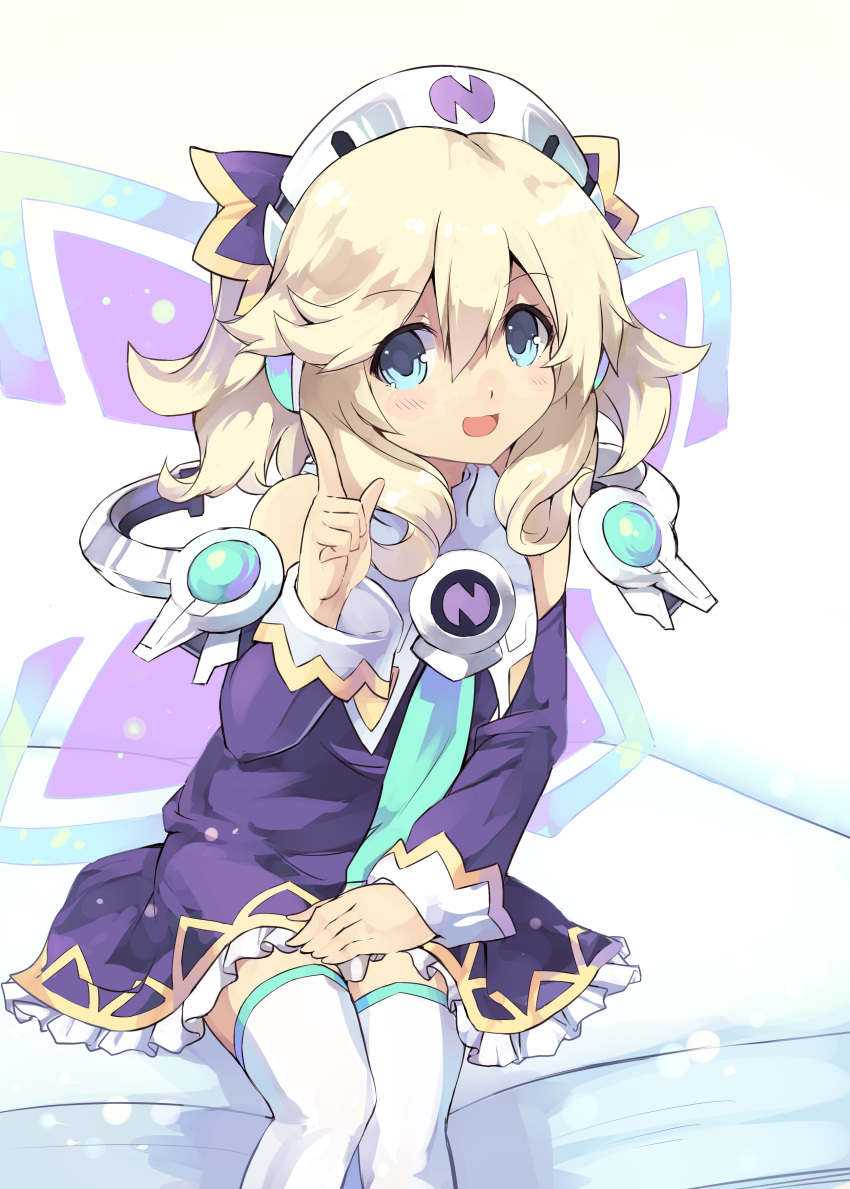 1girl absurdres blonde_hair blue_eyes book hair_ornament hat highres histoire long_hair looking_at_viewer neptune_(series) nomalandnomal open_mouth short_hair smile solo thigh-highs twintails wings