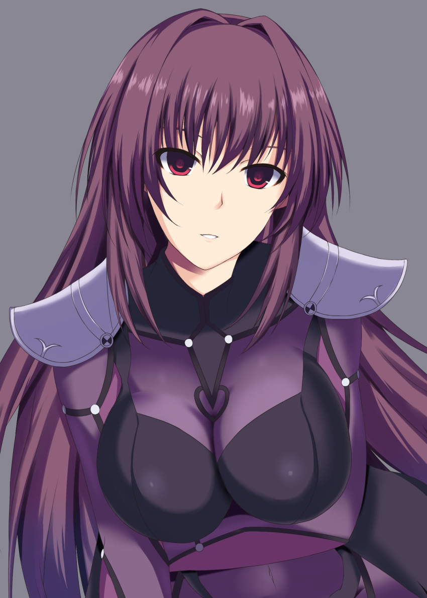 1girl bodysuit breasts cir.e_(shie) fate/grand_order fate_(series) highres large_breasts long_hair looking_at_viewer parted_lips pauldrons purple_hair red_eyes scathach_(fate/grand_order) solo