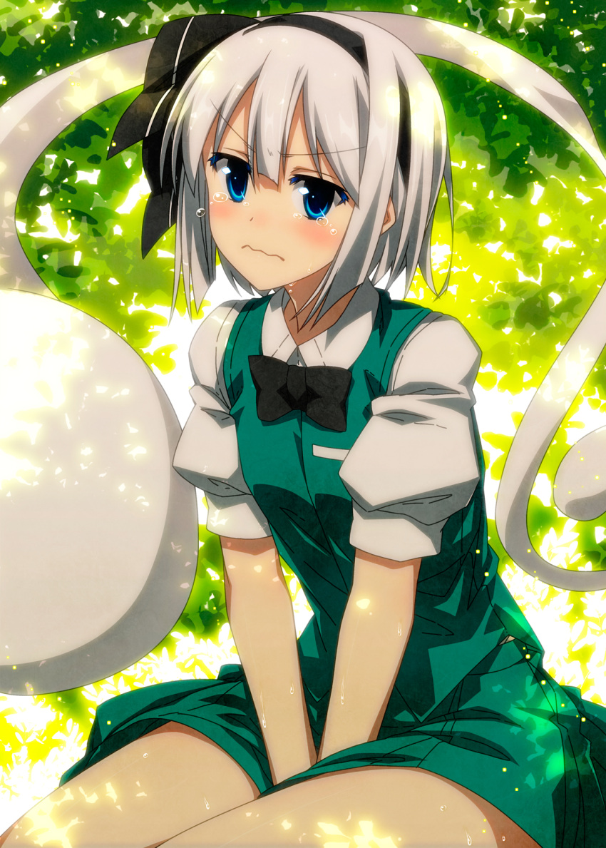 &gt;:( 1girl black_bow black_bowtie black_ribbon blue_eyes bow bowtie closed_mouth collared_shirt colored_eyelashes cowboy_shot crying crying_with_eyes_open dappled_sunlight eyebrows eyebrows_visible_through_hair frown furrowed_eyebrows ghost green_skirt green_vest hair_ribbon hairband highres hitodama konpaku_youmu konpaku_youmu_(ghost) puffy_short_sleeves puffy_sleeves ribbon sazanami_mio shirt short_hair short_sleeves silver_hair sitting skirt solo sunlight tears thighs touhou vest water water_drop wavy_mouth wet white_shirt wing_collar