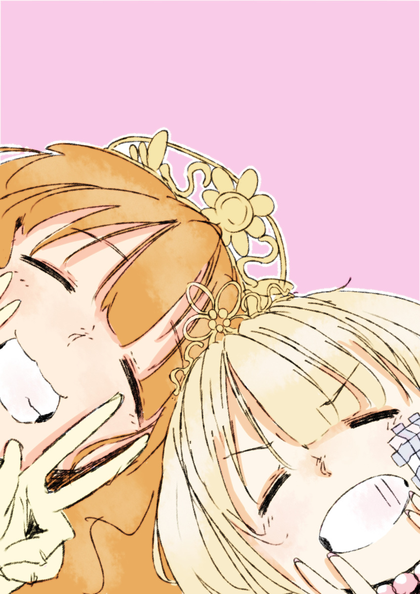 2girls absurdres blonde_hair brown_hair double_v futaba_anzu grin highres idolmaster idolmaster_cinderella_girls long_hair moroboshi_kirari multiple_girls outline pink_background simple_background smile teeth tiara v