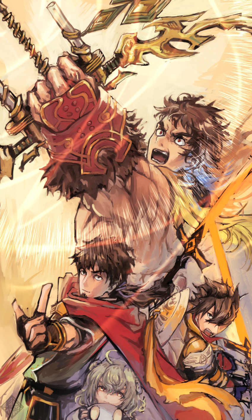 4boys aiming bangs bow_(weapon) brown_hair cape child drawing_bow fate/grand_order fate_(series) hector_(fate) highres index_finger_raised light_particles male_focus mandricardo_(fate) messy_hair momomogeta multiple_boys muscular muscular_male open_mouth orion_(super_archer)_(fate) paris_(fate) pectorals red_cape short_hair sketch thick_eyebrows weapon
