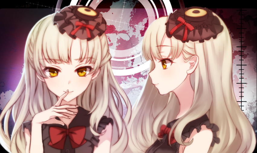 1girl bangs black_dress blonde_hair bow dress eyebrows eyebrows_visible_through_hair frilled_dress frills hair_ornament hand_to_own_mouth hat highres long_hair looking_at_viewer mayu_(vocaloid) mofuruo mugshot multiple_views red_bow sleeveless solo_focus vocaloid yellow_eyes