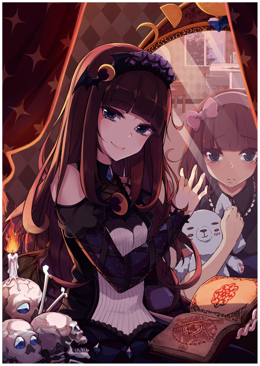 1girl argyle bangs black_dress blue_eyes blunt_bangs blush_stickers book bow brown_hair candle crescent curtains dress dual_persona fire flame gem hairband head_tilt highres instrument kurosu_aroma lolita_hairband long_hair long_sleeves looking_at_viewer mirror open_book piano pink_bow pripara skull smile sparkle stuffed_animal stuffed_bunny stuffed_toy tears tree wavy_mouth window xingjinmeijian