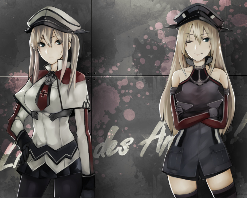 2girls 328_(artist) ;) bare_shoulders bismarck_(kantai_collection) black_gloves blonde_hair capelet contrapposto crossed_arms dress elbow_gloves eyes_visible_through_hair gloves graf_zeppelin_(kantai_collection) graffiti green_eyes hair_between_eyes hand_on_hip hat kantai_collection long_hair looking_at_viewer military miniskirt multiple_girls necktie one_eye_closed pantyhose peaked_cap pleated_skirt short_dress sidelocks skirt smile thigh-highs twintails