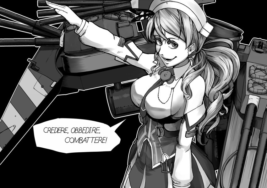 1girl anchor arm_up armor bare_shoulders breasts cannons corset detached_sleeves headdress italian kantai_collection kirisaki_akihito littorio_(kantai_collection) long_hair machinery necktie salute sideboob solo straight-arm_salute translated wavy_hair
