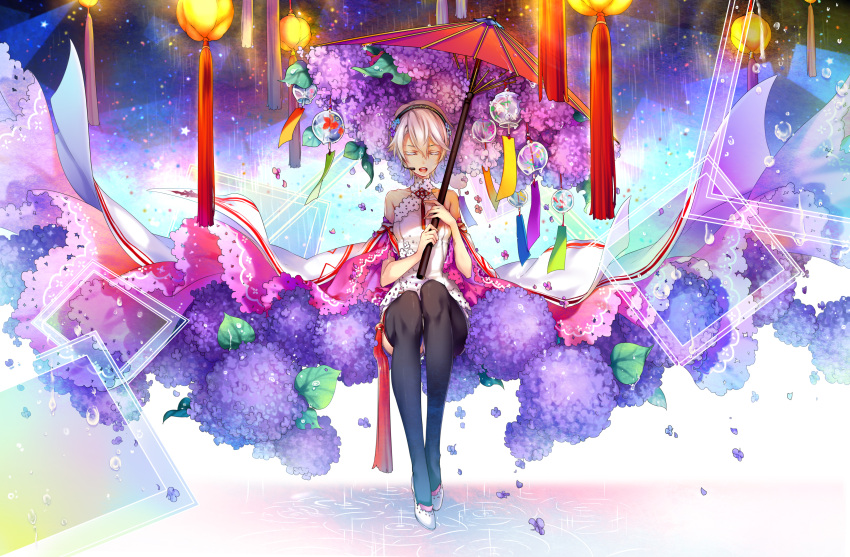 1girl absurdres alternate_costume bangs bare_shoulders black_legwear colored_eyelashes detached_sleeves dew_drop dripping fish_print flower full_body glass hair_between_eyes hairband highres holding holding_umbrella hydrangea kingchenxi lace-trimmed_sleeves lantern leaf marble open_mouth oriental_umbrella paper rain ribbon ripples shade shoes short_hair singing sitting solo tassel thigh-highs umbrella vocaloid vocanese water water_drop white_hair white_shoes wide_sleeves wind_chime yanhe
