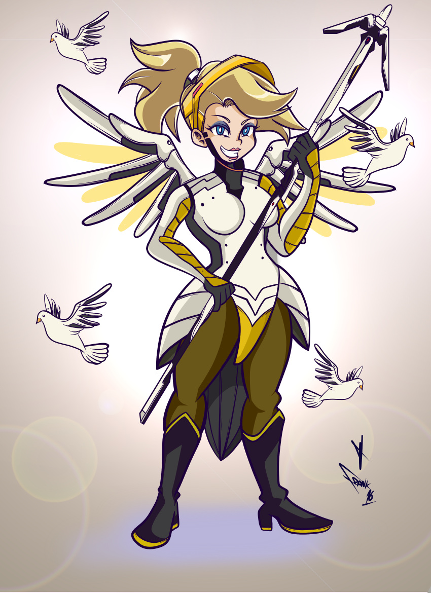 1girl absurdres bird blonde_hair blue_eyes crossover dove frank_araya high_heels high_ponytail highres long_hair mechanical_halo mechanical_wings mercy_(overwatch) overwatch parody ponytail smile solo staff team_fortress_2 the_medic wings