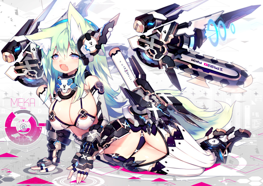 1girl :o animal_ears arm_support bangs bare_shoulders black_boots black_panties boots bra breasts chaps detached_sleeves detached_wings eyebrows eyebrows_visible_through_hair eyelashes fang fingerless_gloves flipped_hair full_body gloves gradient green_hair grey_background hair_between_eyes headphones heart heart-shaped_pupils high_heel_boots high_heels leaning_to_the_side long_hair mamuru mecha_musume mechanical_wings open_mouth original panties sitting solo stomach symbol-shaped_pupils tail text thigh-highs underwear violet_eyes white_bra white_legwear wings yokozuwari