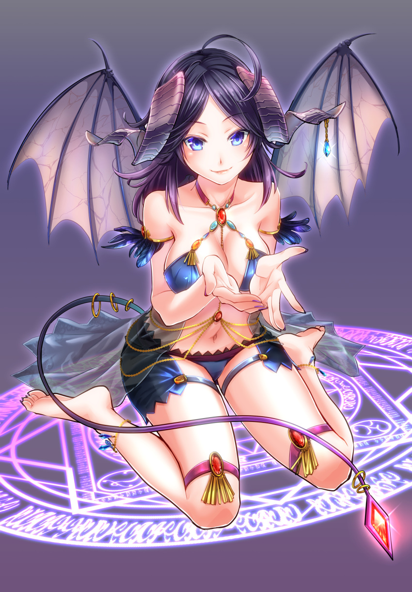 1girl absurdres anklet artist_request bikini black_hair blue_eyes breasts cleavage collarbone cupping_hands demon_girl demon_wings gradient gradient_background highres horns jewelry long_hair magic_circle nail_polish navel pendant sitting smile solo swimsuit tail toenail_polish toenails wariza wings