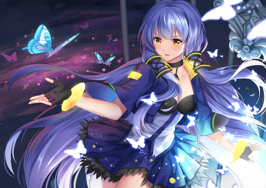 blue_hair blush brown_eyes butterfly dress gloves long_hair low_twintails smile stardust_(vocaloid) twintails vocaloid