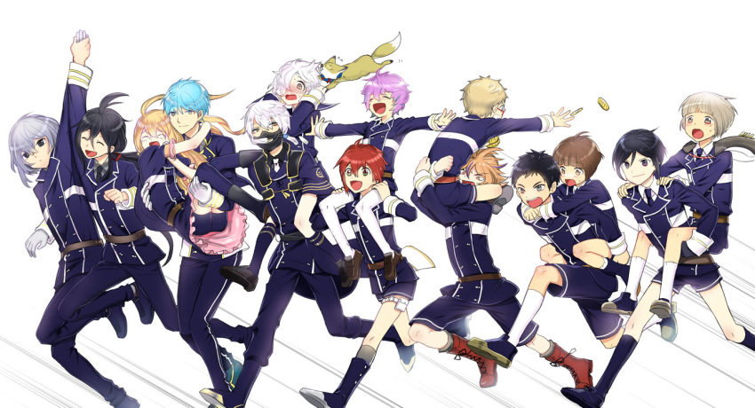 6+boys ^_^ ahoge akita_toushirou atsushi_toushirou black_gloves black_hair black_legwear blonde_hair blue_hair boots brown_eyes brown_hair cape carrying closed_eyes fox gloves gokotai gotou_toushirou green_eyes hair_over_one_eye hakata_toushirou hirano_toushirou honebami_toushirou ichigo_hitofuri kneehighs kuronomine maeda_toushirou male_focus midare_toushirou military military_uniform multiple_boys nakigitsune nakigitsune's_fox namazuo_toushirou necktie open_mouth piggyback pink_hair ponytail princess_carry redhead running shinano_toushirou shorts shoulder_carry smile thigh-highs touken_ranbu uniform violet_eyes white_gloves white_hair white_legwear yagen_toushirou yellow_eyes