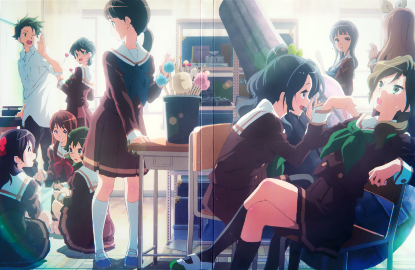 1boy 6+girls :d ;d absurdres bucket chair crease crossed_legs curtains desk dress_shirt drumsticks extra from_side glasses hibike!_euphonium highres ikeda_shouko inoue_junna instrument_case kamaya_tsubame kayama_saki kitamura_raina kneehighs looking_back multiple_girls navy_blue_legwear oka_mikino on_floor one_eye_closed oono_miyoko open_mouth pants ponytail profile sakai_masako scan school_desk school_uniform serafuku shelf shirt shoes short_hair sitting smile tanabe_narai uwabaki white_legwear window yoroizuka_mizore yoshikawa_yuuko