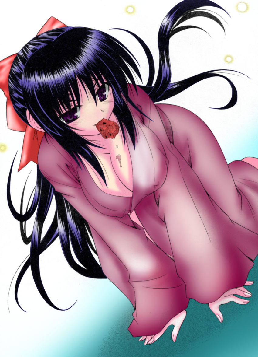 1girl all_fours black_hair bow breasts cleavage covered_nipples hair_bow highres japanese_clothes kimono large_breasts long_hair matra_milan mouth_hold naughty_face noihara_himari official_art omamori_himari ponytail seductive_smile smile solo very_long_hair violet_eyes