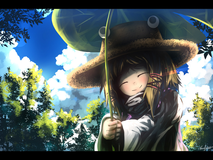 1girl blonde_hair blue_sky clouds day forest hair_ribbon highres letterboxed light_rays lily_pad long_sleeves moriya_suwako nature purple_vest ribbon short_hair signature sky smile solo summer sunlight touhou tree turtleneck upper_body wjstpwls4