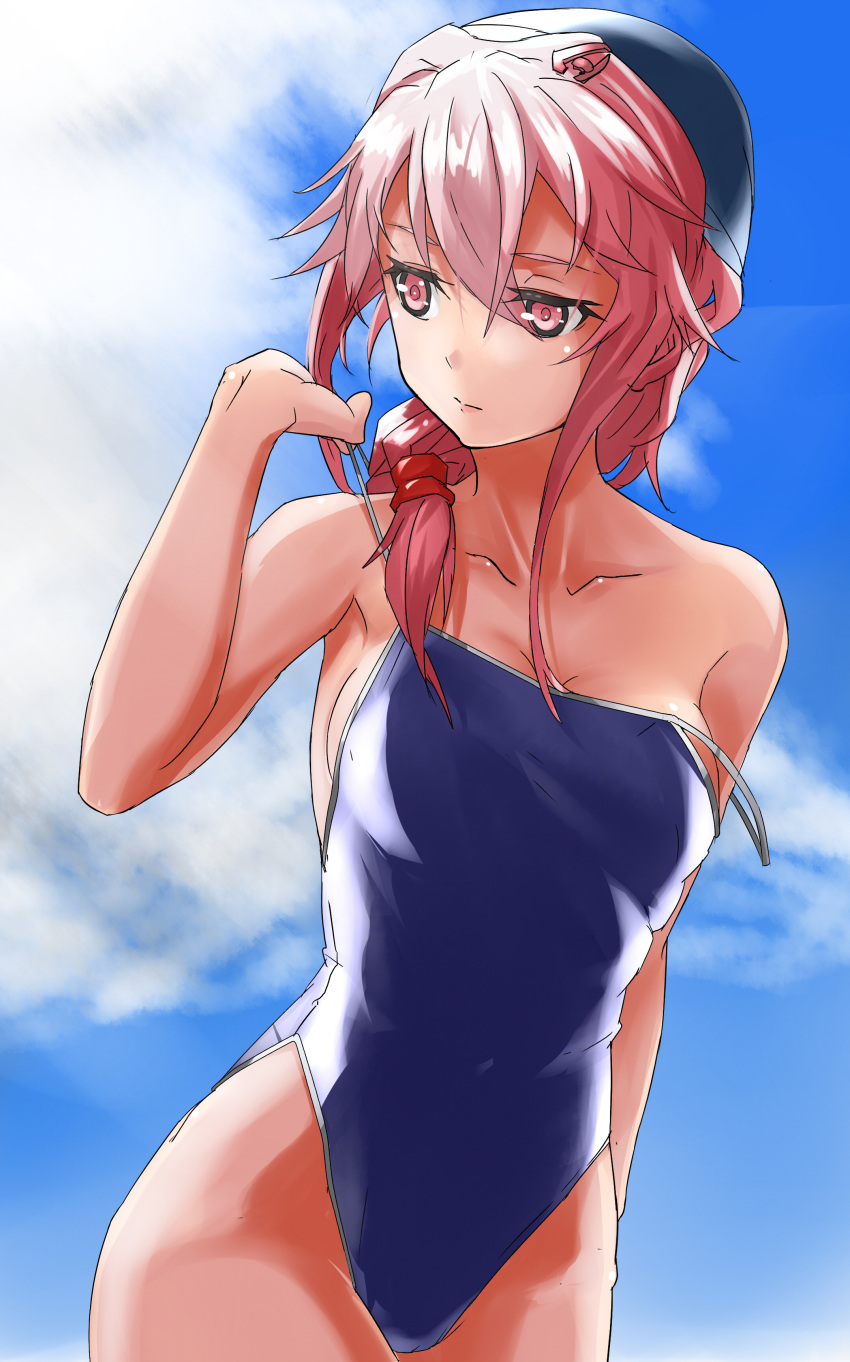1girl absurdres alternate_hairstyle breasts casual_one-piece_swimsuit chikkinage_nage guilty_crown hair_ornament hairclip highres off_shoulder one-piece_swimsuit pink_hair red_eyes solo strap_slip swim_cap swimsuit yuzuriha_inori