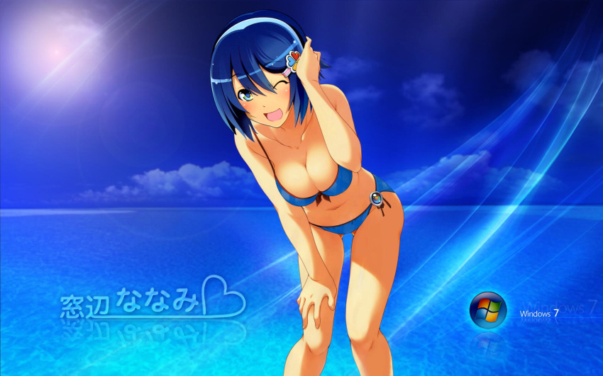 1girl bent_over bikini blue_bikini blue_eyes blue_hair breasts cleavage collarbone female hair_ornament highres large_breasts long_hair looking_at_viewer madobe_nanami navel one_eye_closed open_mouth os-tan short_hair solo swimsuit windows_7