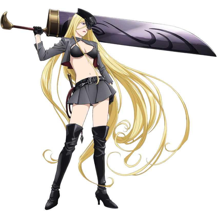 1girl bishamonten_(noragami) black_boots black_bra black_gloves blonde_hair boots bra breasts cleavage gloves grey_skin hat holding holding_sword holding_weapon long_hair navle noragami pleated_skirt simple_background skirt solo sword thigh-highs thigh_boots under_boob underwear very_long_hair violet_eyes weapon white_background