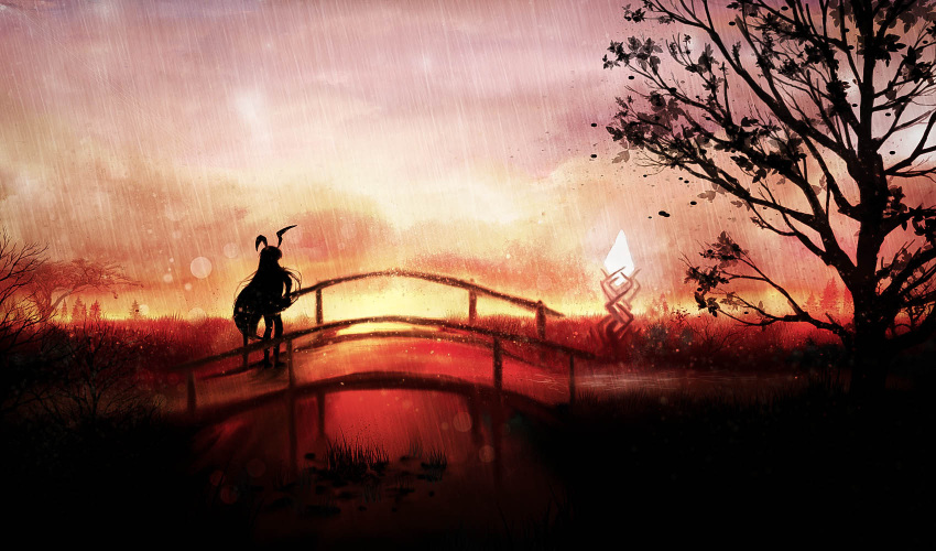 1girl absurdly_long_hair akyuun animal_ears bridge clouds cloudy_sky crystal grass highres light_particles lily_pad long_hair rabbit_ears rain reisen_udongein_inaba silhouette sky solo stream sunset touhou tree very_long_hair