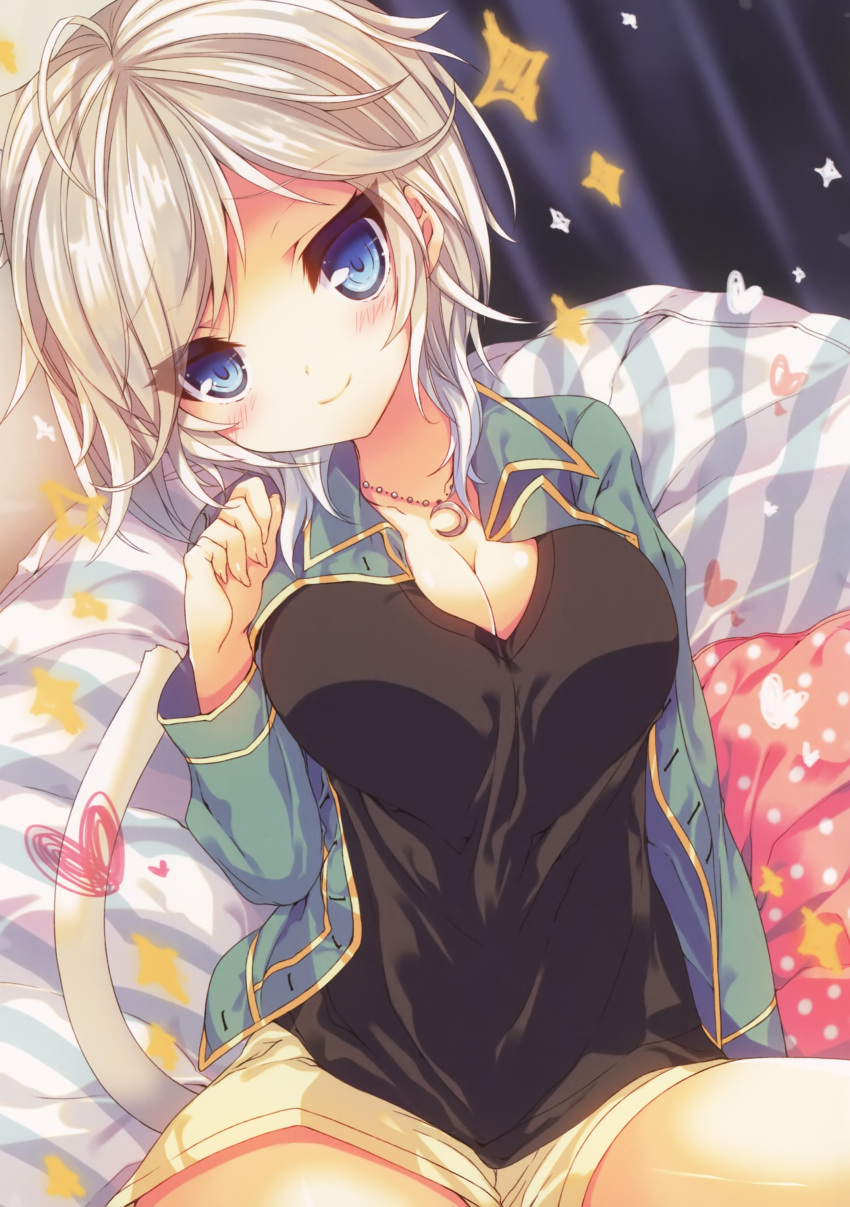 1girl absurdres anastasia_(idolmaster) black_shirt blue_eyes blush breasts cat_tail cleavage closed_eyes collarbone collared_shirt crescent curtains dutch_angle head_tilt heart highres idolmaster idolmaster_cinderella_girls jewelry necklace open_clothes open_shirt p19 shirt shorts silver_hair sitting smile solo sparkle tail wing_collar yellow_shorts