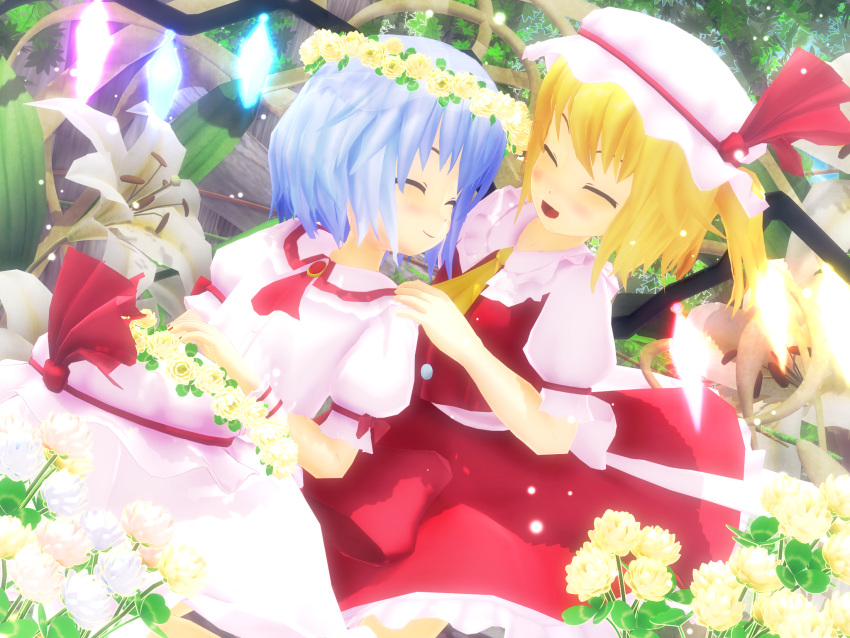 2girls 3d blonde_hair blue_hair blush_stickers closed_eyes dutch_angle flandre_scarlet flower hand_on_another's_shoulder happy hat hat_removed head_wreath headwear_removed highres kurogoma_(glassesgurasan) light_particles looking_back mikumikudance mob_cap multiple_girls open_mouth outdoors remilia_scarlet siblings sisters smile sunlight touhou wings