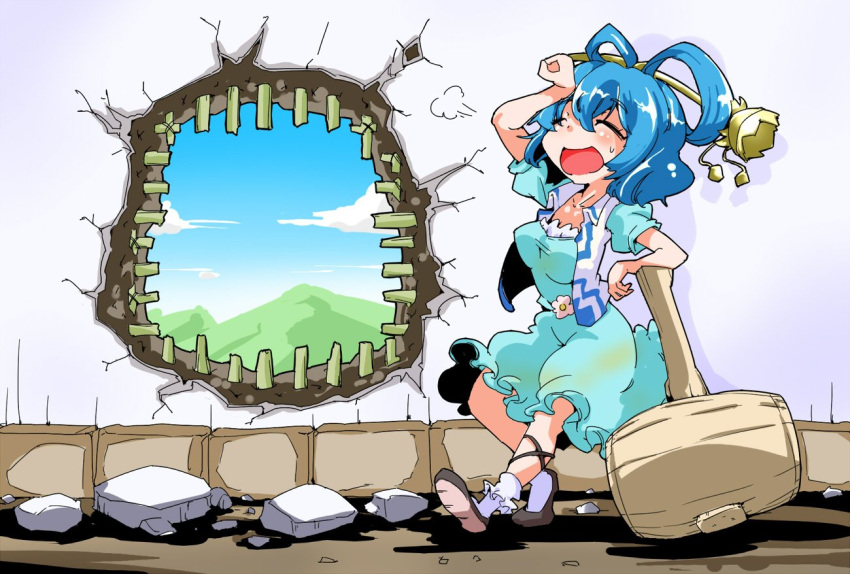 1girl blue_dress blue_hair closed_eyes commentary cross-laced_footwear dress flower hair_ornament hair_stick hammer hole_in_wall kaku_seiga open_mouth puffy_short_sleeves puffy_sleeves rubble shinapuu short_sleeves smile socks solo sweat touhou vest wall white_vest