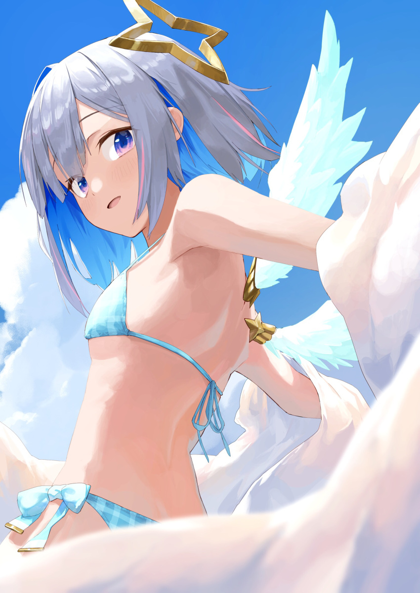 1girl amane_kanata angel_wings bangs bikini blue_bikini blue_eyes blue_hair blue_sky blue_wings blush breasts clouds colored_inner_hair commentary_request cowboy_shot day eyebrows_visible_through_hair eyes_visible_through_hair halo halterneck highres hololive looking_at_viewer looking_back makimaki_makky7 multicolored_hair open_mouth pink_hair plaid plaid_bikini side-tie_bikini silver_hair sky small_breasts smile solo star_halo streaked_hair swimsuit virtual_youtuber wings