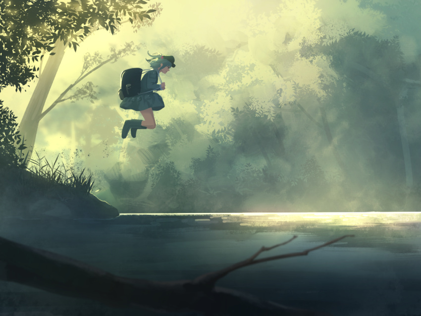1girl amino_(tn7135) backpack bag bangs blue_boots blue_hair blue_skirt boots floating_hair forest from_side grass green_hat hair_bobbles hair_ornament hat holding_strap jumping kawashiro_nitori lake long_sleeves nature outdoors profile skirt skirt_set solo touhou tree two_side_up