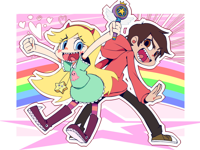 1boy 1girl back-to-back blonde_hair blue_eyes brown_eyes brown_hair dark_skin demon_horns headband heart highres hood hoodie horns long_hair looking_at_viewer marco_diaz rainbow sharp_teeth star star_butterfly star_vs_the_forces_of_evil striped striped_background sutores741 teeth wand