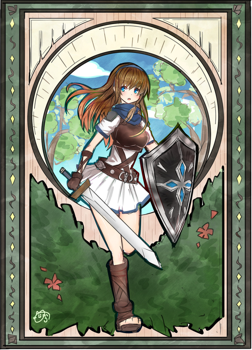1girl armor belt blue_eyes blue_sky blush breastplate brown_hair bush clouds cloudy_sky gauntlets gloves highres holding holding_shield holding_sword holding_weapon long_hair nora_(salatto) one_leg_raised open_mouth peltasta_(tree_of_savior) plant shield short_sleeves skirt sky solo sword tree tree_of_savior weapon