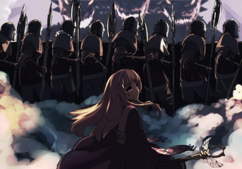1girl armor armored_dress axe battle_axe brown_hair dress from_behind hairband helmet highres long_hair looking_at_viewer looking_back monster multiple_boys rod sosan staff tree_of_savior violet_eyes wand weapon