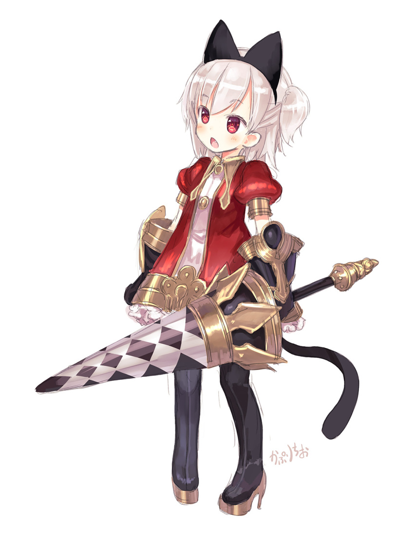 1girl animal_ears blush boots cat_ears coat fake_animal_ears fang frills gauntlets high_heels highres kaburi_chiko lance open_mouth original polearm puffy_short_sleeves puffy_sleeves red_coat red_eyes short_hair short_ponytail short_sleeves silver_hair simple_background solo thigh-highs thigh_boots tree_of_savior weapon white_background