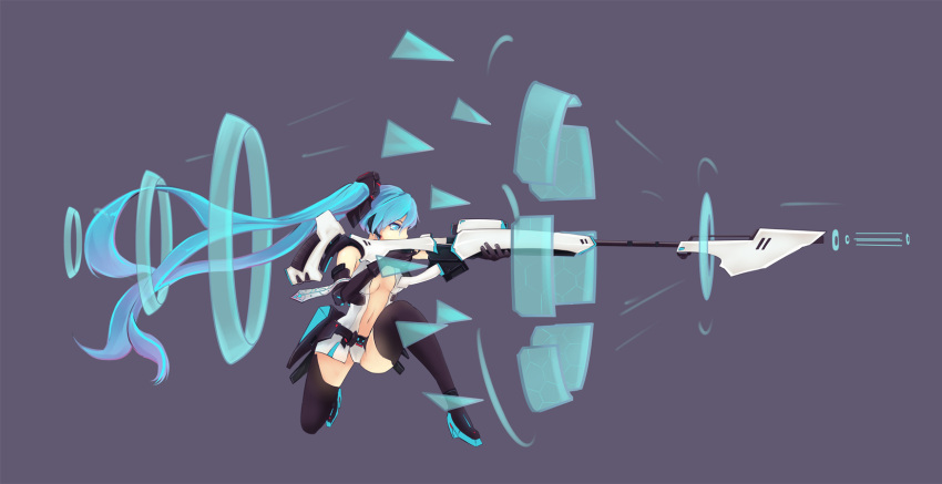 1girl blue_eyes blue_hair boots gun hatsune_miku headset highres long_hair miku_append monday720 necktie thigh-highs thigh_boots twintails vocaloid vocaloid_append weapon