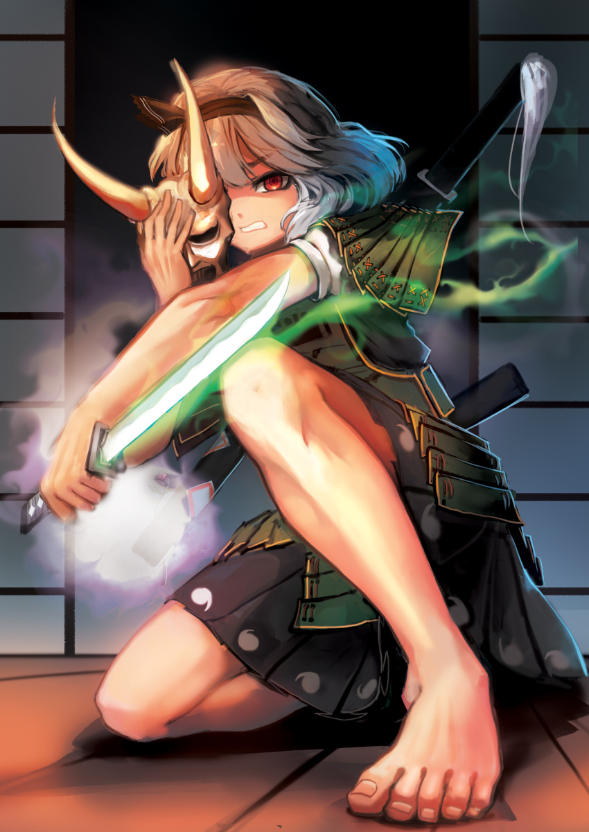 1girl absurdres adapted_costume alternate_costume alternate_eye_color armor aura barefoot blade clenched_teeth flower glowing glowing_weapon green_skirt green_vest hairband highres hijiwryyyyy holding_mask indoors japanese_armor konpaku_youmu konpaku_youmu_(ghost) legs looking_at_viewer one_eye_covered one_knee oni_mask red_eyes scabbard serious sheath sheathed shirt short_hair silver_hair skirt skirt_set sliding_doors solo teeth toenails touhou unsheathed weapon white_shirt wooden_floor