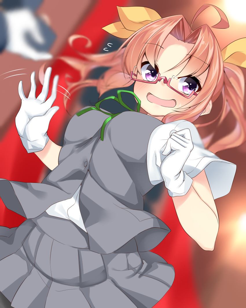 1girl absurdres ahoge bespectacled brown_hair flying_sweatdrops glasses gloves green_ribbon hair_ribbon highres kagerou_(kantai_collection) kantai_collection long_hair nebu_soku neck_ribbon open_mouth pleated_skirt ribbon school_uniform serafuku short_sleeves skirt solo_focus twintails vest violet_eyes white_blouse white_gloves yellow_ribbon