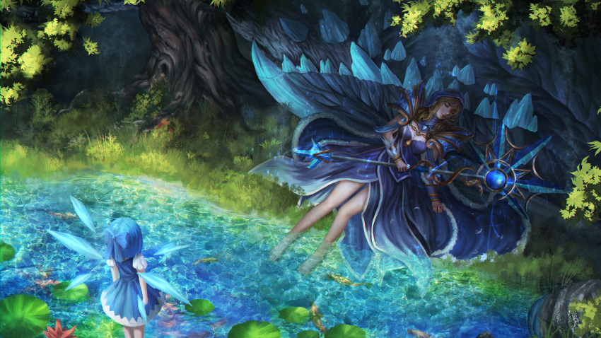 animal arms_at_sides back bare_legs barefoot blonde_hair blue_dress blue_hair bow breasts chain cirno closed_eyes creature crossover crystal defense_of_the_ancients dota_2 dress fairy fish forest fur_trim gem glowing grass hair_bow hbptcsg2 highres holding_staff hood ice ice_wings leaf long_hair lying minigirl nature on_back outdoors pauldrons puffy_short_sleeves puffy_sleeves rock rylai_crestfall shade short_hair short_sleeves sketch soaking_feet stream touhou unconscious wallpaper water wings wrist_cuffs