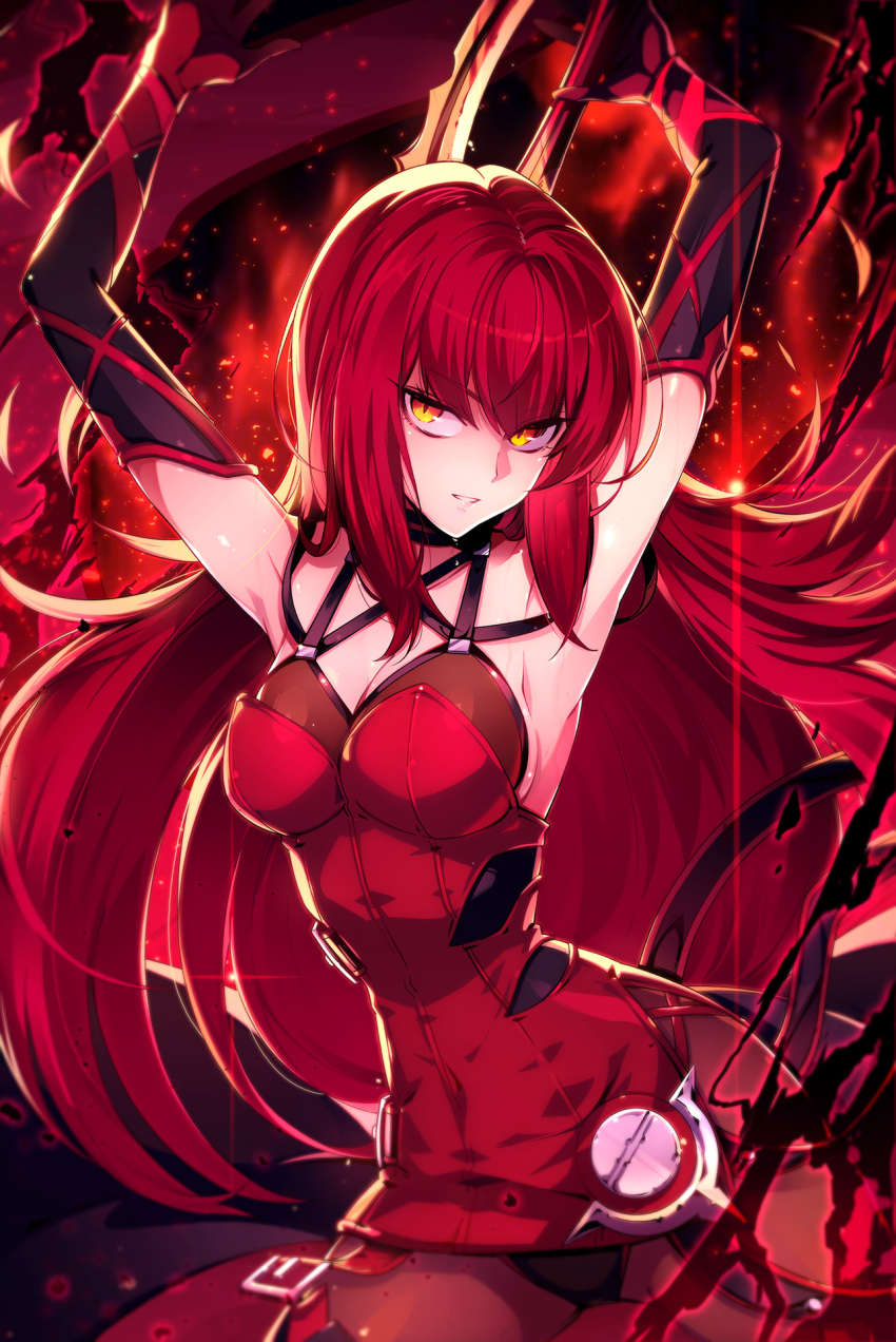 1girl arms_up backlighting bangs belt black_gloves black_panties breasts burning choker cowboy_shot crimson_avenger_(elsword) cross-laced_clothes dress elesis_(elsword) elsword eyebrows eyebrows_visible_through_hair fire gloves hair_between_eyes highres holding holding_sword holding_weapon hwansang lens_flare light_particles long_hair looking_at_viewer microdress panties red red_dress redhead shade sideboob sleeveless smile solo sword torn_clothes torn_gloves unbuckled_belt underwear very_long_hair weapon yellow_eyes