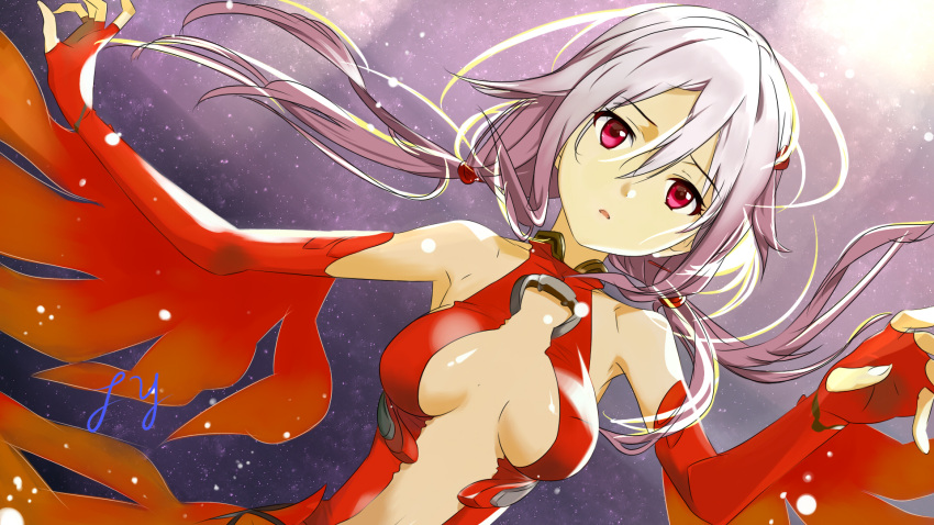 1girl bare_shoulders breasts center_opening cleavage detached_sleeves elbow_gloves fingerless_gloves fy gloves guilty_crown hair_ornament hairclip highres looking_at_viewer navel open_mouth pink_hair red_eyes solo twintails yuzuriha_inori