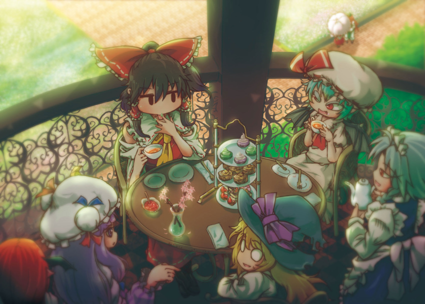 6+girls apron ascot balcony bat_wings blonde_hair blue_hair bow brown_hair cake chair chamaji cup detached_sleeves dress eyebrows eyebrows_visible_through_hair fang flandre_scarlet food fork frills garden grey_hair hair_bow hair_tubes hakurei_reimu hat hat_bow hat_ribbon head_wings highres hong_meiling izayoi_sakuya juliet_sleeves kirisame_marisa koakuma long_hair long_sleeves looking_at_another maid maid_apron maid_headdress mob_cap multiple_girls napkin no_pupils nontraditional_miko o_o outdoors pants parasol pastry patchouli_knowledge pink_skirt plate puffy_sleeves purple_hair red_dress red_eyes redhead remilia_scarlet ribbon shoes short_hair short_sleeves skirt skirt_set slit_pupils solid_oval_eyes striped sweat table tea teacup teapot touhou umbrella vase violet_eyes watering_can wings witch_hat