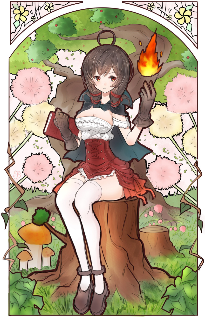 1girl book breasts brown_gloves brown_hair buttons cleavage cloak dandelion fire flower frills gloves grass grimoire hand_up highres large_breasts mushroom nora_(salatto) orange_eyes plant red_skirt ribbon shoes sitting skirt solo thigh-highs tree tree_of_savior white_legwear wizard_(tree_of_savior)
