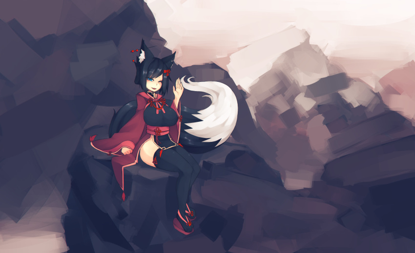1girl animal_ears black_hair blue_eyes breasts fang fox_ears fox_tail highres japanese_clothes large_breasts looking_at_viewer one_eye_closed open_mouth original sandals sitting sitting_on_rock solo sub-res tail thigh-highs