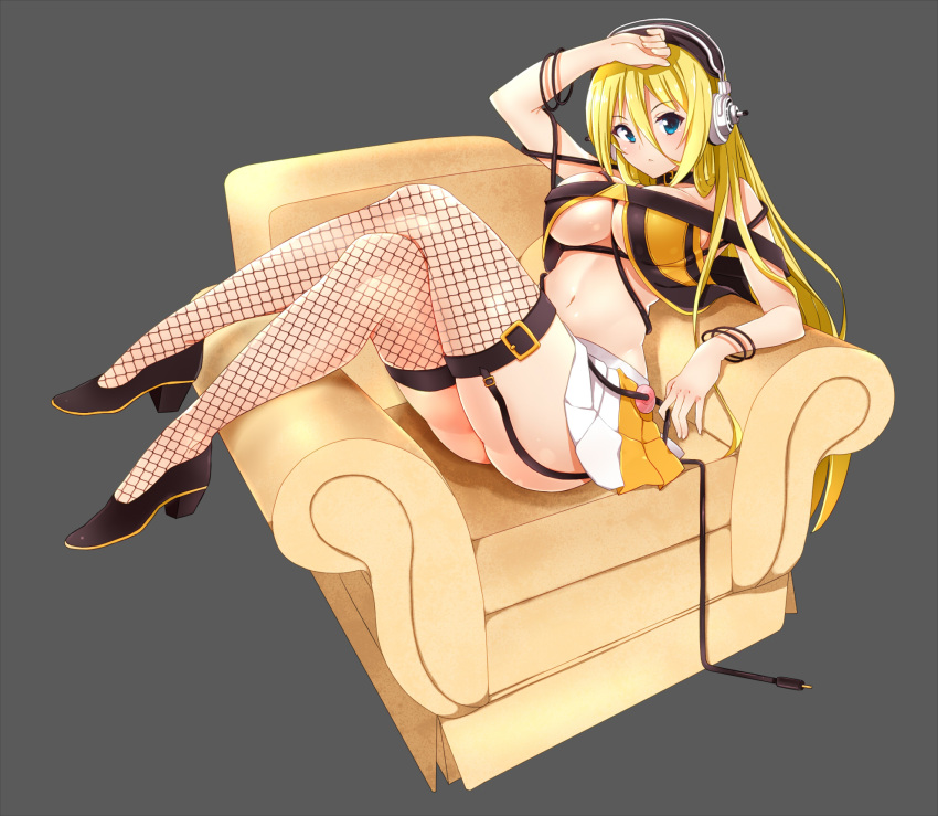 1girl :&lt; arm_up armchair ass bare_shoulders belt between_breasts black_shoes blonde_hair blue_eyes blush breasts buckle cable chair cleavage closed_mouth collar crop_top crop_top_overhang crossed_legs fishnet_legwear fishnets garter_straps grey_background groin hair_between_eyes hand_on_own_head headphones high_heels highres leaning_back lily_(vocaloid) long_hair midriff navel off_shoulder revealing_clothes shoes shuuhei_(shoohey) simple_background sitting_on_chair skirt solo stomach thigh-highs unplugged very_long_hair vocaloid
