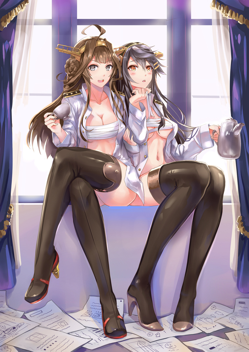 2girls black_hair boots breasts brown_eyes brown_hair cleavage crossover cup devildogs hairband haruna_(kantai_collection) headgear highres kantai_collection kongou_(kantai_collection) long_hair looking_at_viewer military military_uniform multiple_girls naval_uniform open_clothes sarashi smile teacup teapot thigh-highs thigh_boots uniform yuri