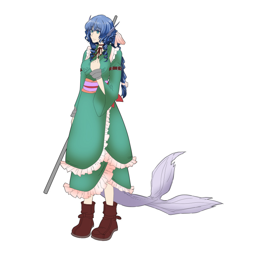 1girl absurdres adapted_costume alternate_hairstyle aqua_eyes armband blue_hair boots bow braid breasts brown_boots choker commentary_request curly_hair fish_tail frilled_kimono frills full_body hair_bow hand_up highres humanization japanese_clothes kimono long_ponytail looking_to_the_side mermaid monster_girl obi outline pole polearm ribbon_choker sash short_hair simple_background single_braid smile solo standing tail tk31 touhou transparent_background wakasagihime weapon