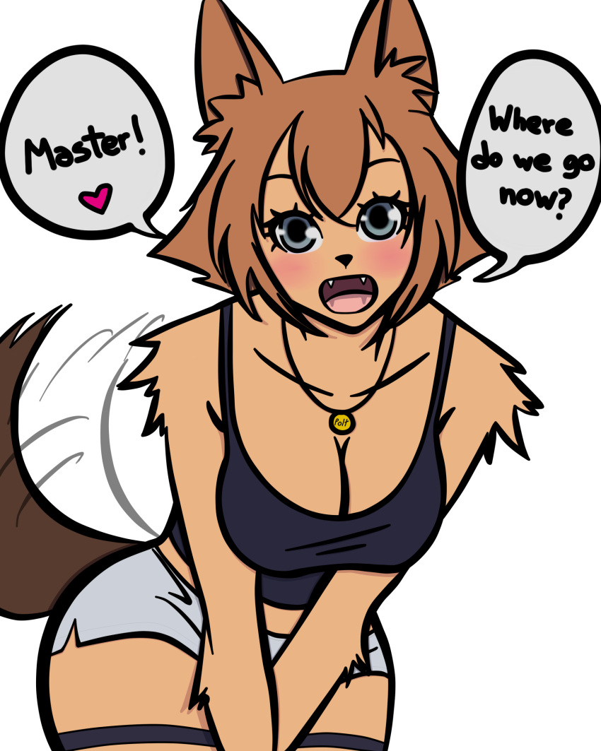 1girl animal_ears artist_request between_legs big_hands blush breast_squeeze breasts brown_fur brown_hair claws cleavage dog_ears dog_tail english fang fangs fur grey_eyes hand_between_legs heart highres jewelry kobold leaning_forward light_brown_hair looking_at_viewer messy_hair monster_girl monster_musume_no_iru_nichijou name_tag necklace open_mouth polt short_hair short_shorts shorts simple_background smile solo spoken_heart sweatband tail tail_wagging tank_top wet_nose wide_hips