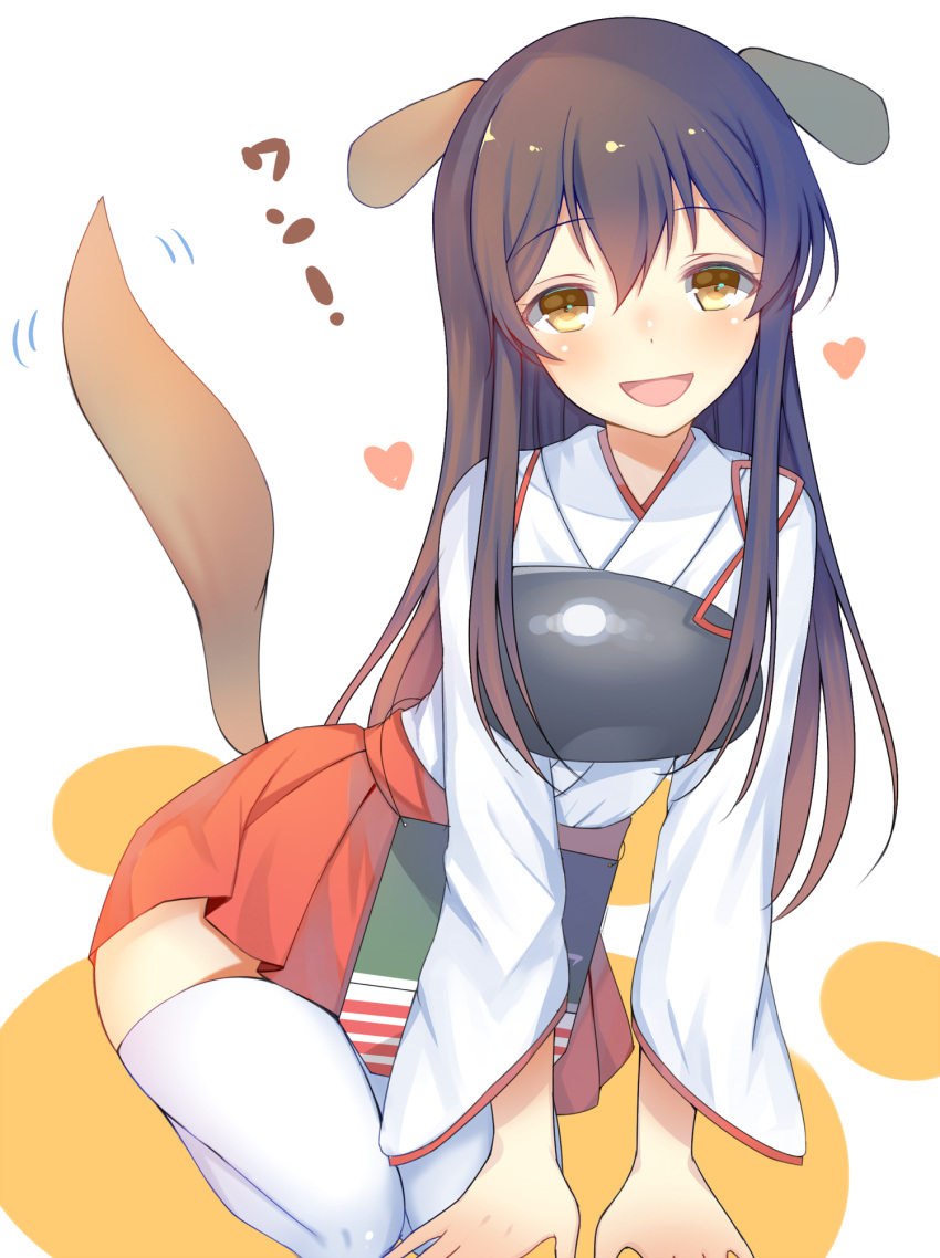 1girl akagi_(kantai_collection) animal_ears brown_eyes brown_hair commentary_request dog_ears dog_tail highres japanese_clothes kantai_collection kemonomimi_mode long_hair muneate nan_(jyomyon) nontraditional_miko smile tail thigh-highs