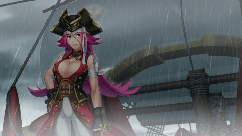 1girl bare_shoulders boat breasts cleavage fate/extra fate/grand_order fate/stay_night fate_(series) hat kotera_ryou large_breasts long_hair pink_hair rain rider_(fate/extra) scar smile solo