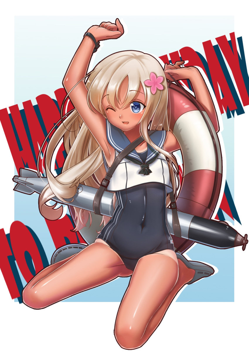 armpits arms_up blonde_hair blue_eyes blush bracelet covered_navel crop_top flower hair_flower hair_ornament heart heart-shaped_pupils highres jewelry kantai_collection lifebuoy mowmow26 one-piece_tan one_eye_closed open_mouth ro-500_(kantai_collection) sailor_collar school_swimsuit sitting smile swimsuit swimsuit_under_clothes symbol-shaped_pupils tan tanline torpedo wariza