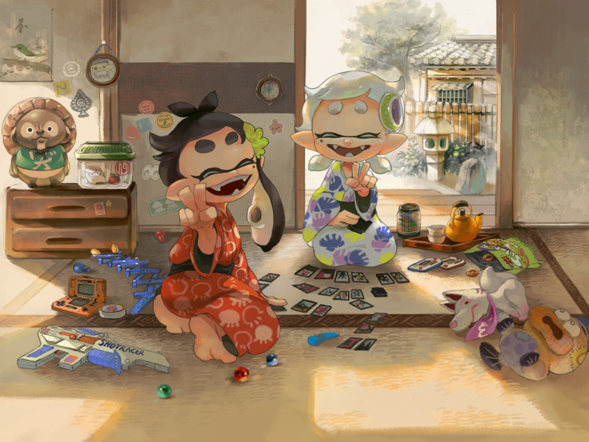 2girls aori_(splatoon) barefoot black_hair card child closed_eyes commander_atarime cousins denchinamazu doll domino_mask eyebrows fangs food food_on_head handheld_game_console hat hotaru_(splatoon) japanese_clothes kettle kimono marble mask minato_(minat0) mole mole_under_eye multiple_girls nintendo_ds object_on_head open_mouth playing_games pointy_ears seiza short_hair silver_hair sitting smile snack splatoon thick_eyebrows v younger
